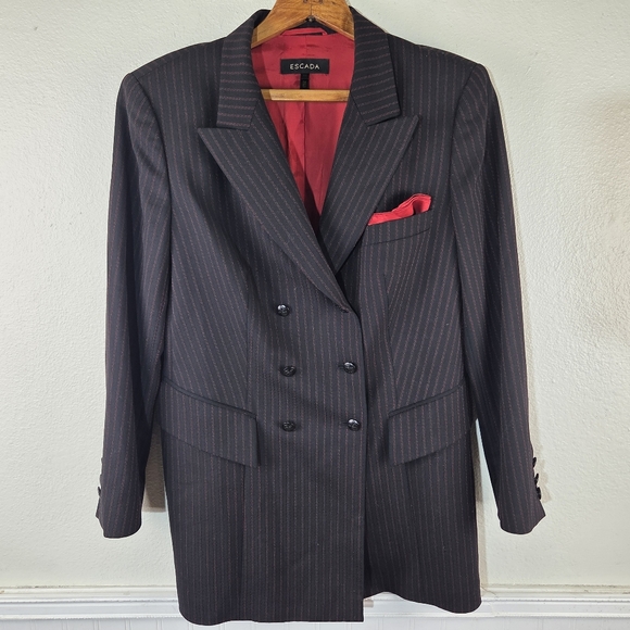 Escada VTG Women's Red Black Pinstripe Double Breastes Blazer Jacket Size 44/10
